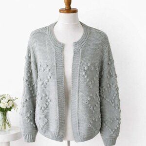 Jun Ivy Bobble Knit Cardigan Sweater Gray Womens Size L Chunky Hearts Everyday